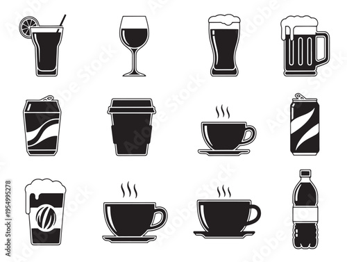 A collection of black icons representing various types of drinks