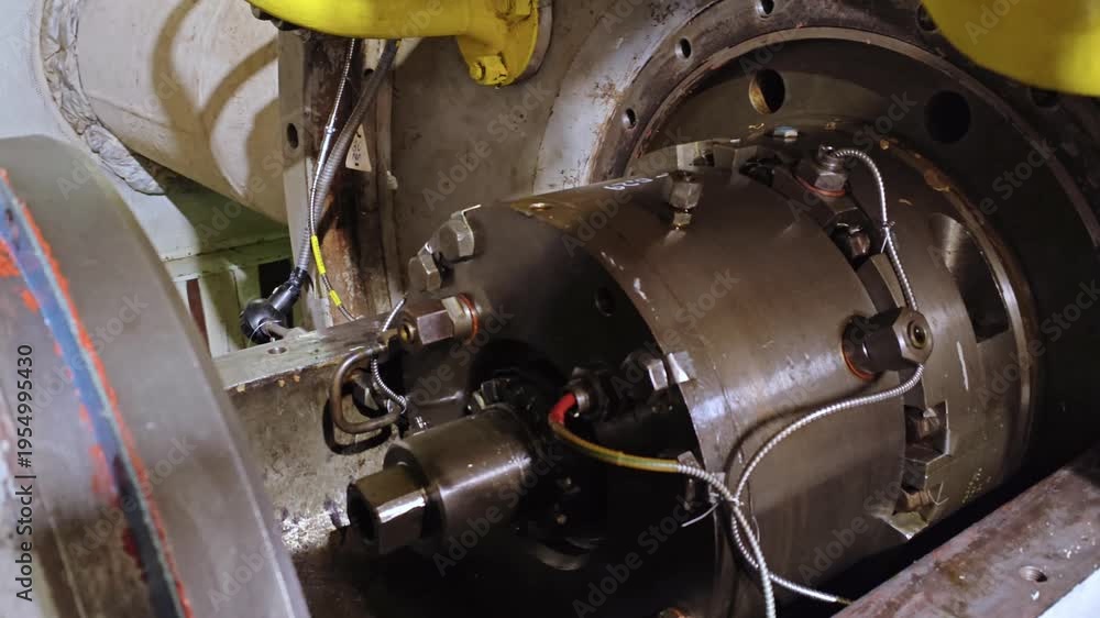 Ground Base Rotor Inspection Industrial rotor disassembled for detailed inspection, exposed bearings ...