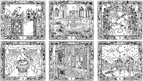 Colorbook style detailed garden scenes with birds on fountain sundial gate window and bench intricate classic floral frame vector art line drawing set
