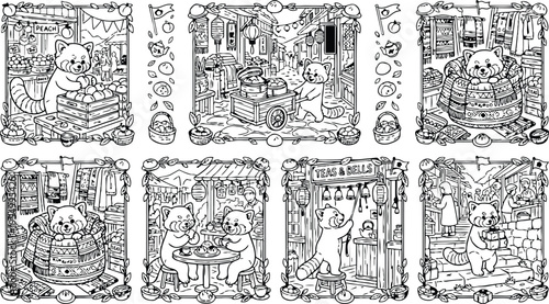 Colorbook style line art showing playful red panda characters buying fruit carrying dumplings ringing bells and giving gifts in market street scene with cozy patterns