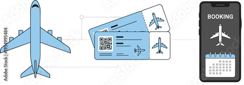 Online flight booking concept with airplane illustration boarding pass tickets and smartphone app showing calendar for travel planning and airline reservation services vector.