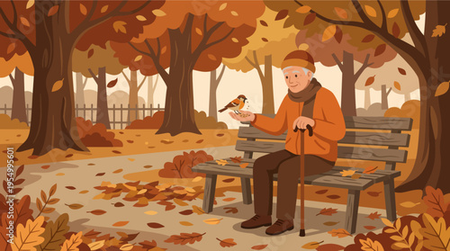 An elderly man sits on a park bench feeding a bird in autumn