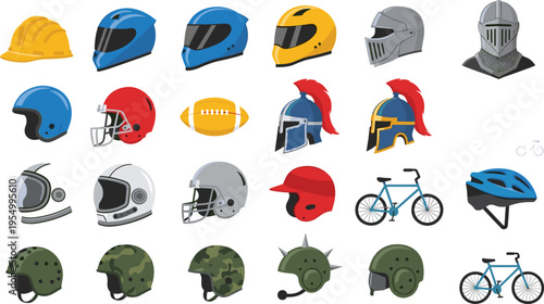 Protective helmet icon set featuring motorcycle headgear medieval knight armor sports helmets for football baseball cycling military camo gear and construction hard hat vector.