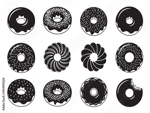 A group of black and white donuts