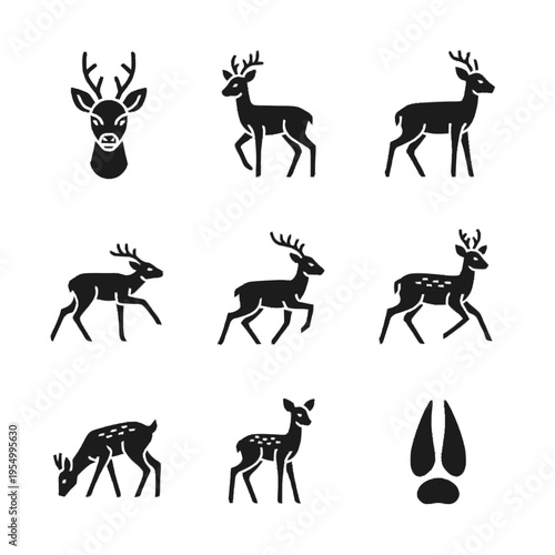 Collection of black deer silhouettes featuring stag head with antlers, walking bucks, leaping deer, spotted fawns, grazing animal, and a hoof print isolated on white background.