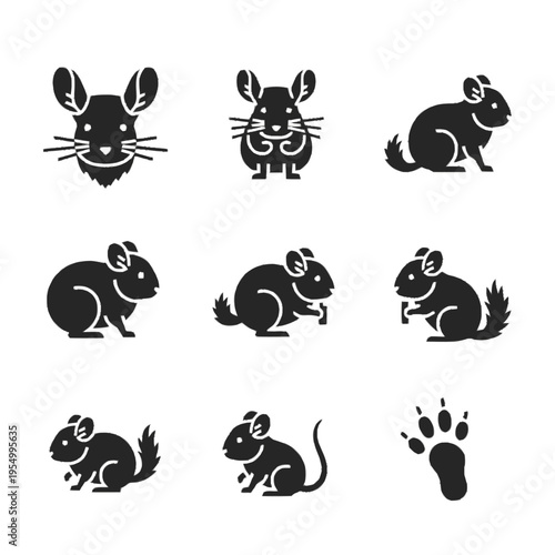 Collection of nine black minimalist chinchilla icons and rodent silhouettes featuring various poses such as sitting, eating, and profile views, including a single paw print vector.