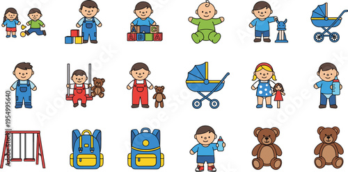 Toddler and baby icon set featuring cute children characters playing with blocks teddy bears strollers swings backpacks and milk bottles for nursery kindergarten vector.