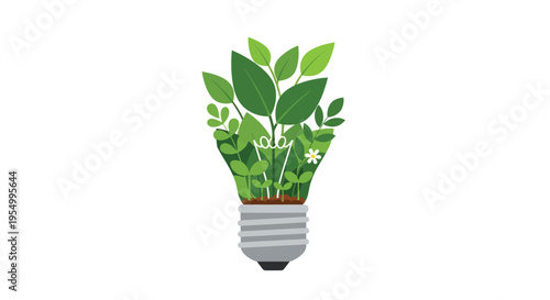 A lightbulb filled with lush green plants and a small white flower symbolizing eco-friendly ideas and sustainable living