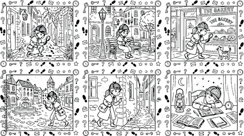 Colorbook style detailed detective girl investigating clues in cobblestone streets bakery and city park scenes with magnifying glass nighttime study environment