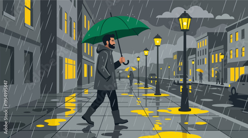Business professional walking with green umbrella in rainy urban street at dusk