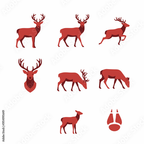 Vector illustration set of red deer silhouettes featuring stags with large antlers, a grazing buck, running animal, a head portrait, a small fawn, and a cloven hoof print icon.