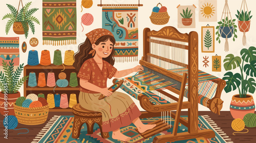 A woman sits at a wooden loom weaving colorful fabric in a cozy room