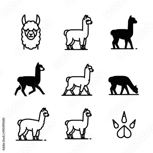Collection of black and white llama and alpaca icons featuring minimalist line art and solid silhouettes in various poses like standing, walking, grazing, and a portrait head illustration.