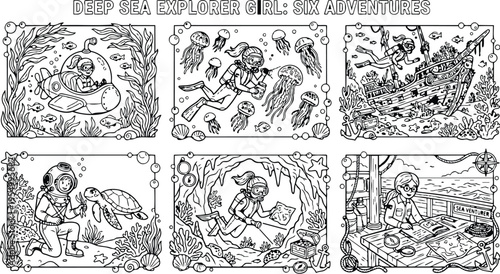 Colorbook style deep sea explorer girl six adventures including submarine dive jellyfish encounter shipwreck treasure cave discovery and navigation on boat deck