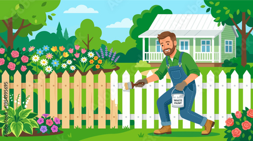 A cartoon man painting a white picket fence in a beautiful garden