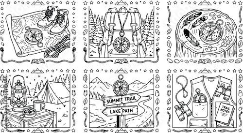 Colorbook style detailed line art illustrations featuring hiking boots compass rope backpack forest trail tree stump campsite tent mountain signs binoculars and outdoor vest with trail notes