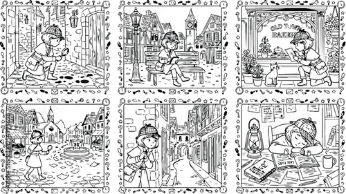 Colorbook style detailed scenes of young detective girl investigating clues in old town street gathering evidence and reading case files at desk with vintage lamp