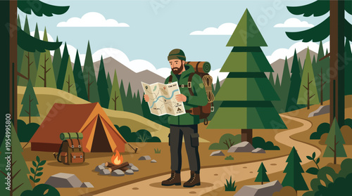 Young hiker holding groceries near camping tent in scenic mountain forest