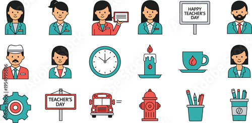 Happy Teacher's Day Icon Set Featuring Diverse Educators School Bus Stationery And Classroom Symbols For Education Appreciation Academic Celebration And National Teaching Holiday Background