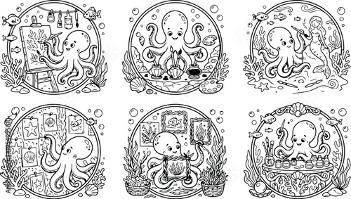 Colorbook style detailed underwater scenes with octopus painting drawing and interacting with mermaid in circle frames artistic vector line art for coloring