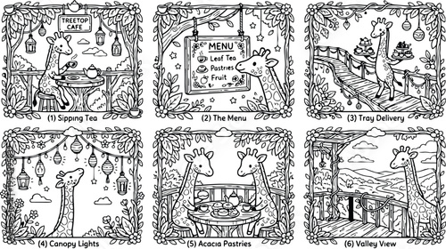Colorbook style detailed giraffe sipping tea at treetop cafe canopy lights tray delivery and valley view vector art set