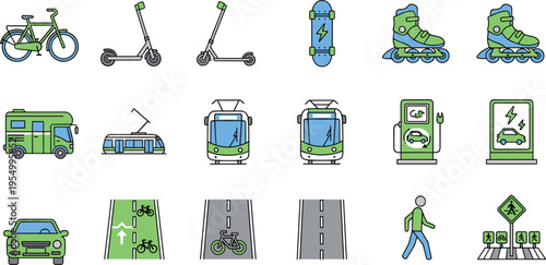 Eco Friendly Urban Transportation Icons Set Featuring Electric Vehicles Bicycle Scooter Tram Rollerblades And Pedestrian Symbols For Sustainable City Mobility Infrastructure And Green Travel Design