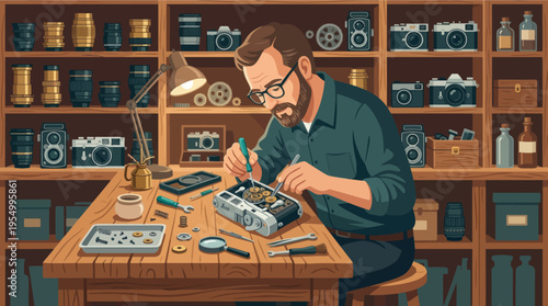 Man repairing vintage camera in well-lit workshop with tools and lenses