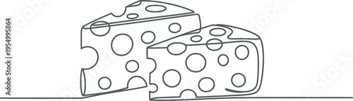 Continuous line drawing of two wedge shaped cheeses with round holes depicted on a white background
