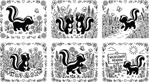 Colorbook style close up cute chipmunks interacting with wildflowers and butterfly in wildflower meadow scenes with detailed floral borders and whimsical nature elements