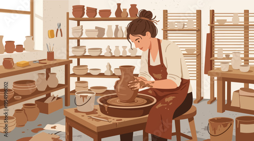 Young female potter shaping clay on wheel in bright sunlit studio workshop