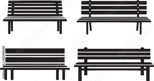 Different black silhouette park and garden benches vector illustrations isolated on white background