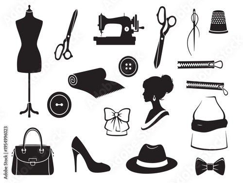 Black silhouettes of fashion design tools and accessories