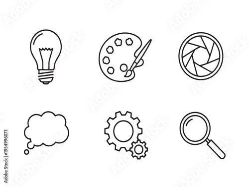 Six icons related to creative and analytical concepts