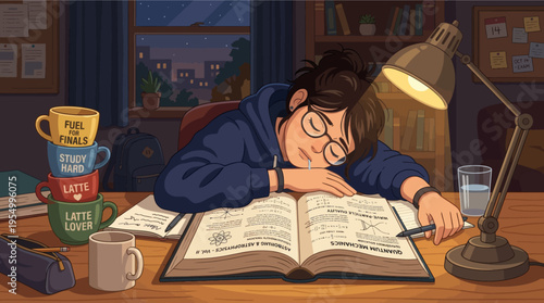Tired student studying late at night with books and coffee under desk lamp