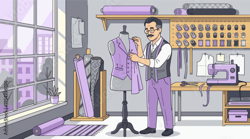 Male tailor adjusting purple fabric on mannequin in bright atelier with sewing tools