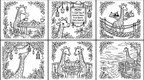 Colorbook style detailed giraffe character drinking tea at outdoor table with floral frame and hanging lanterns in peaceful natural setting with menu board and wooden bridge