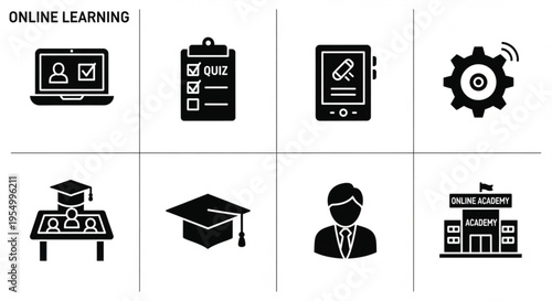 Distance education icon collection. Editable line icons for online learning, quizzes, e-learning tools, edtech, and virtual academy in thin vector style..eps