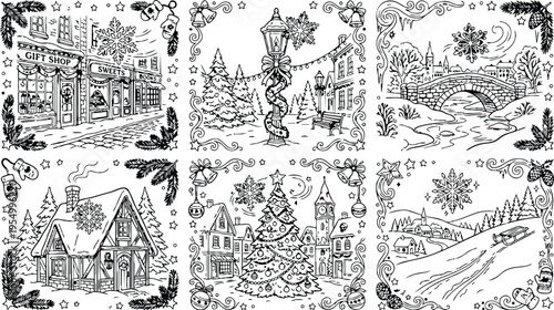Colorbook style detailed winter village street scene snowflakes christmas tree decorated lamppost bridge with snowy landscape sleigh ride winter holidays festive illustrations