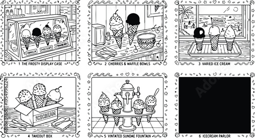 Colorbook style vintage ice cream parlor scenes with sundae fountain takeout box cherries waffle bowls and frosty display case in black and white line art
