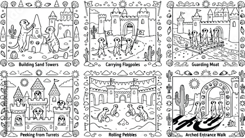 Colorbook style vector art of meerkats building sand towers carrying flagpoles guarding moat peeking from turrets rolling pebbles walking through arched entrance with castle and desert elements