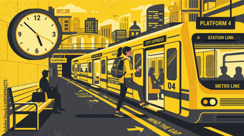 Commuters boarding modern yellow metro train at urban station during golden hour