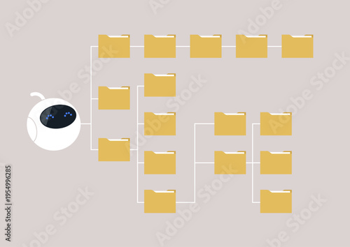 Little robots navigate a vibrant digital landscape filled with yellow file folders, Their curious eyes hint at the exploration of information and data management in this imaginative setting.