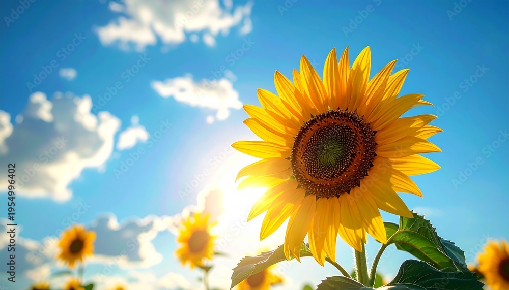 Obraz premium 真夏の青空を背景にしたヒマワリの花のイメージ画像