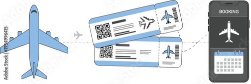 Online Flight Booking Concept with Blue Airplane Boarding Pass Tickets and Smartphone App Featuring Calendar Interface for Vacation Planning and International Travel Service
