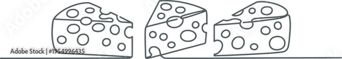 Three slices of Swiss cheese with many holes are depicted in a simple line art style isolated on transparent background