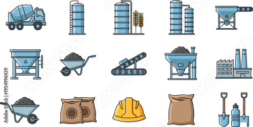Industrial construction icon set featuring concrete mixer truck, silos, grain storage, factory building, wheelbarrow with coal, cement bags, conveyor belt, and yellow safety helmet for engineering.