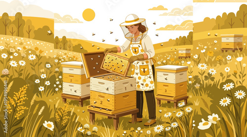 Woman in sun hat harvesting honey from beehives in golden wildflower field at sunset