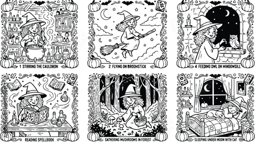 Colorbook style detailed line art series of young witch stirring cauldron flying broomstick feeding owl reading spellbook gathering mushrooms sleeping under moon with cat night forest mood