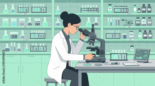 Female scientist examining specimen under microscope in modern laboratory