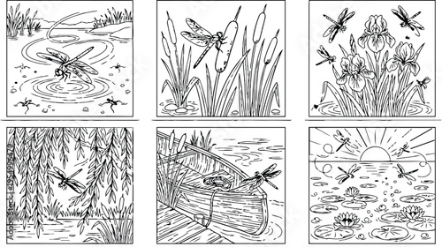 Colorbook style detailed dragonfly illustrations near ponds cattails flowers boat and sunset with water lilies in calm natural outdoor peaceful setting